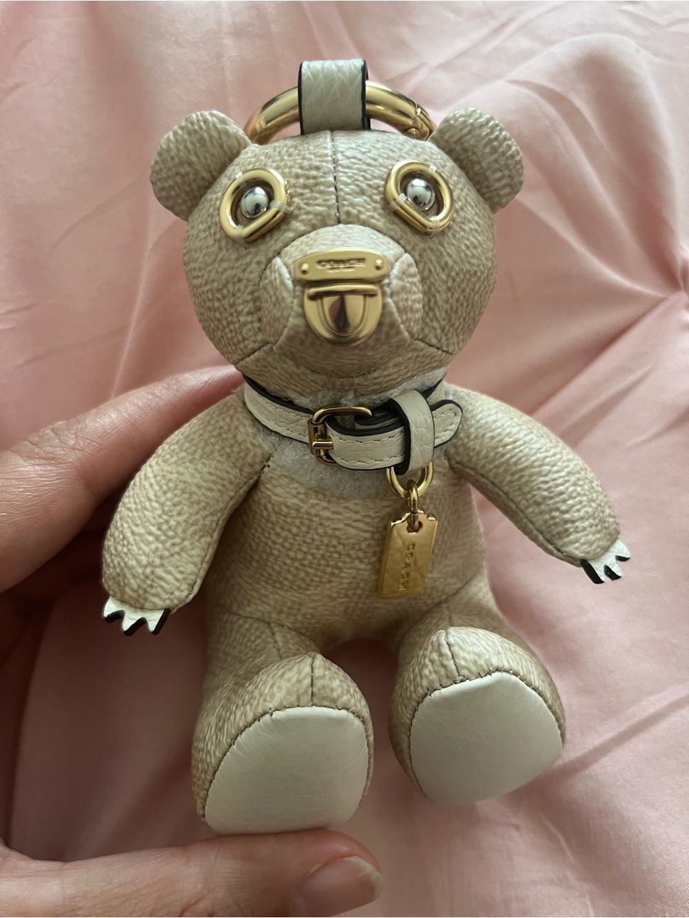 Coach Cream Leather Bear Key Charm with Gold Hardware